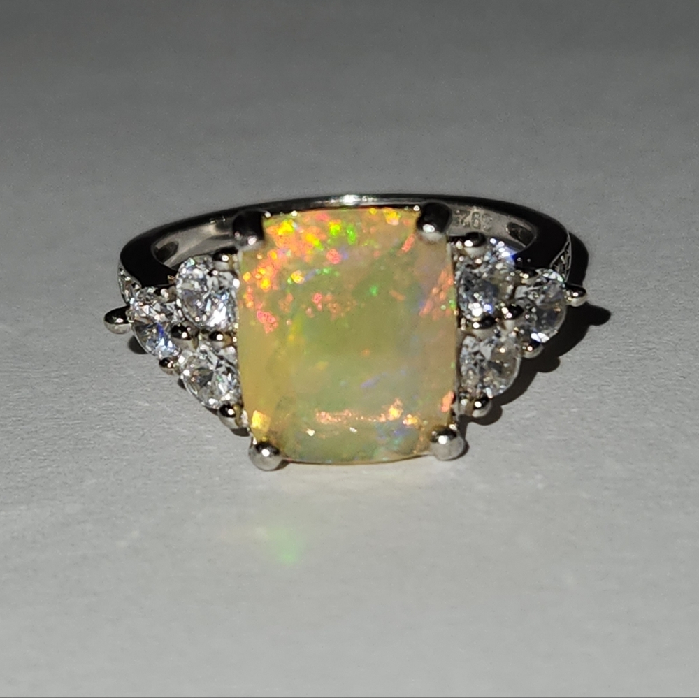 Rule Them All!  2.05ct NATURAL Fiery Ethiopian Opal & Zircon 925 Ring Sz 7 VTG